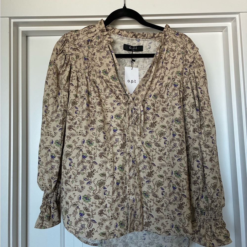 o.p.t. Beige Floral Tie-Front Peasant Blouse NWT